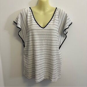 LOFT Black and White Striped V-Neck Blouse